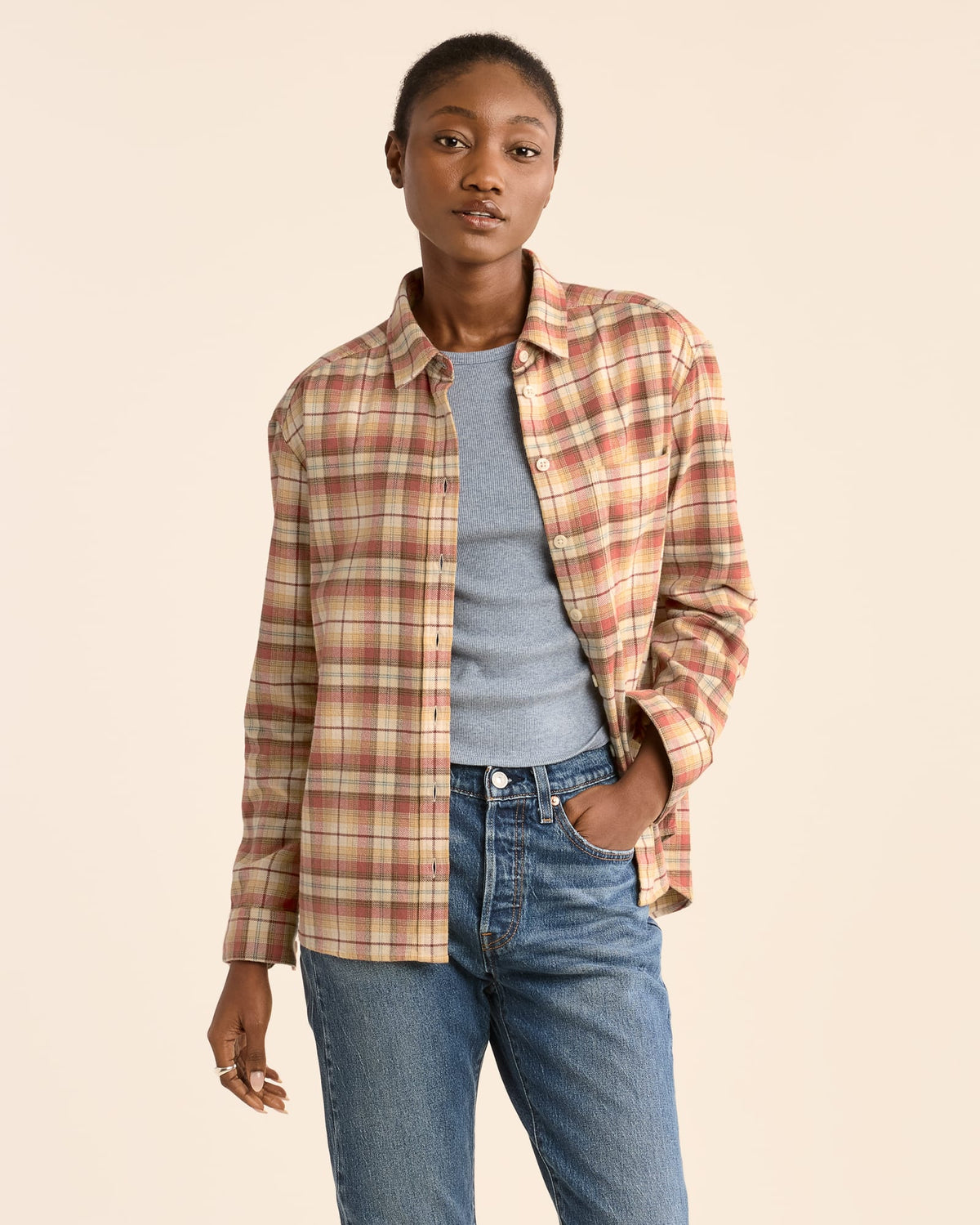 WOMEN'S PLAID BOYFRIEND DOUBLEBRUSHED FLANNEL SHIRT<br>GOLD/BRICK MULTI PLAID