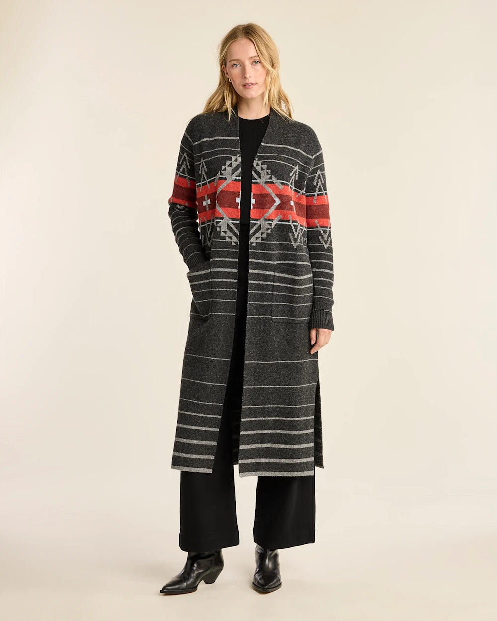 WOMEN'S LAMBSWOOL DUSTER CARDIGAN<br>BLACK HEATHER MULTI