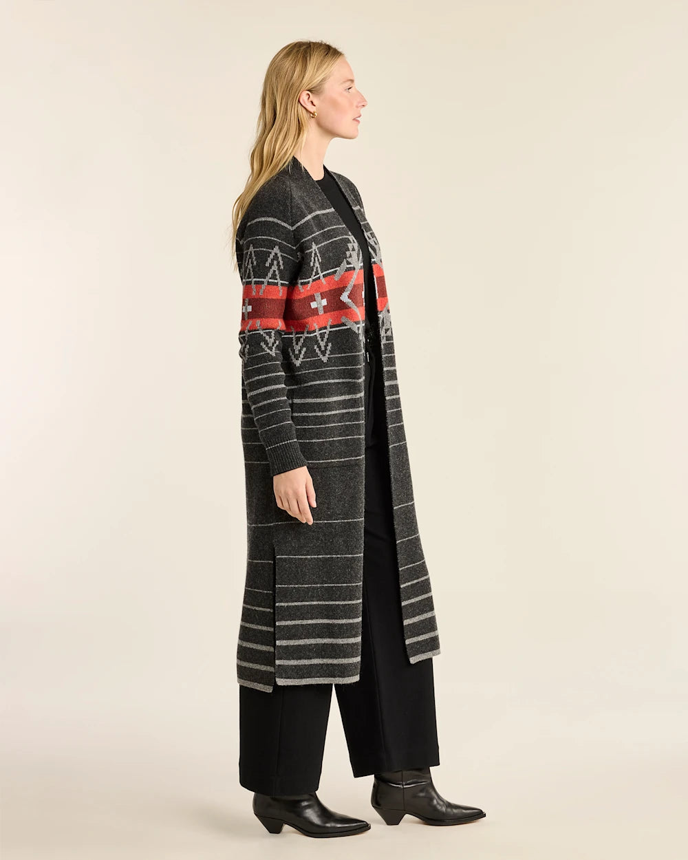 WOMEN'S LAMBSWOOL DUSTER CARDIGAN<br>BLACK HEATHER MULTI