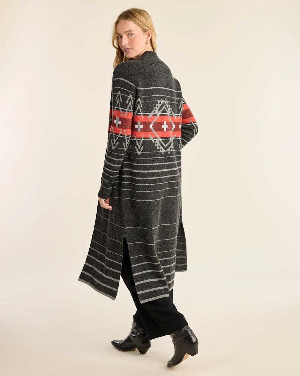 WOMEN'S LAMBSWOOL DUSTER CARDIGAN<br>BLACK HEATHER MULTI