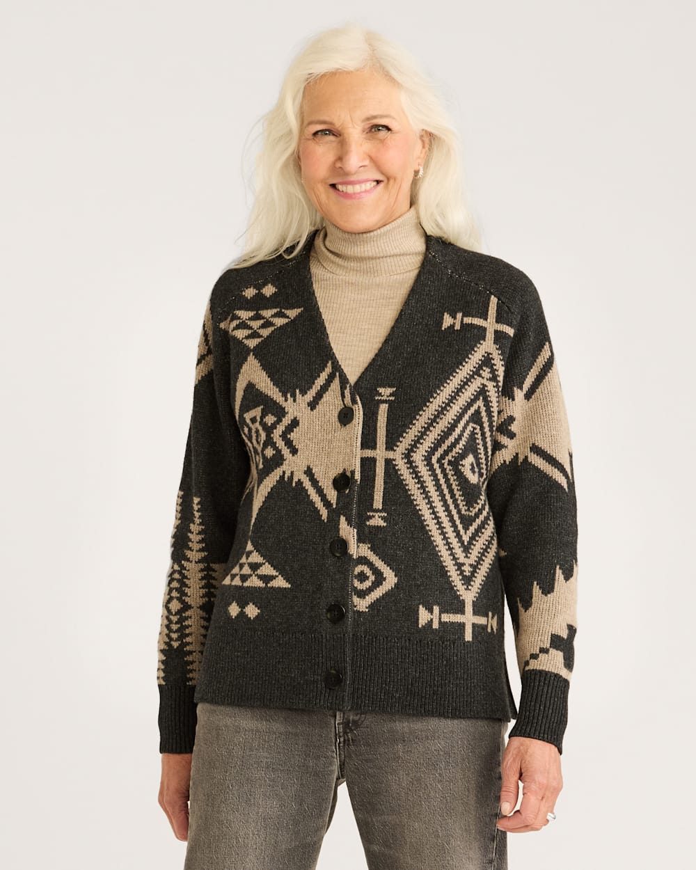 WOMEN'S LAMBSWOOL MIXED GRAPHIC CARDIGAN<br>BLACK/TAUPE