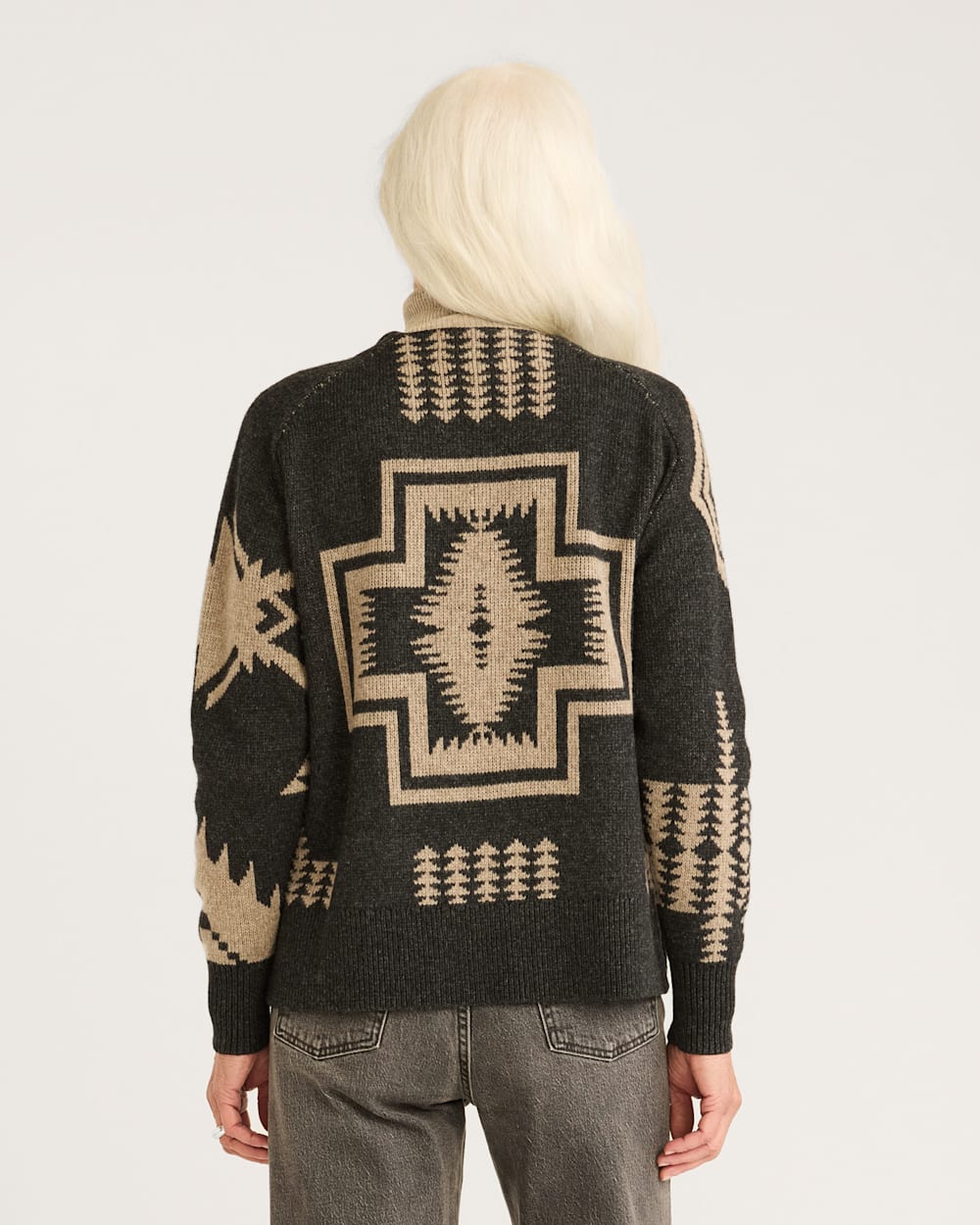 WOMEN'S LAMBSWOOL MIXED GRAPHIC CARDIGAN<br>BLACK/TAUPE