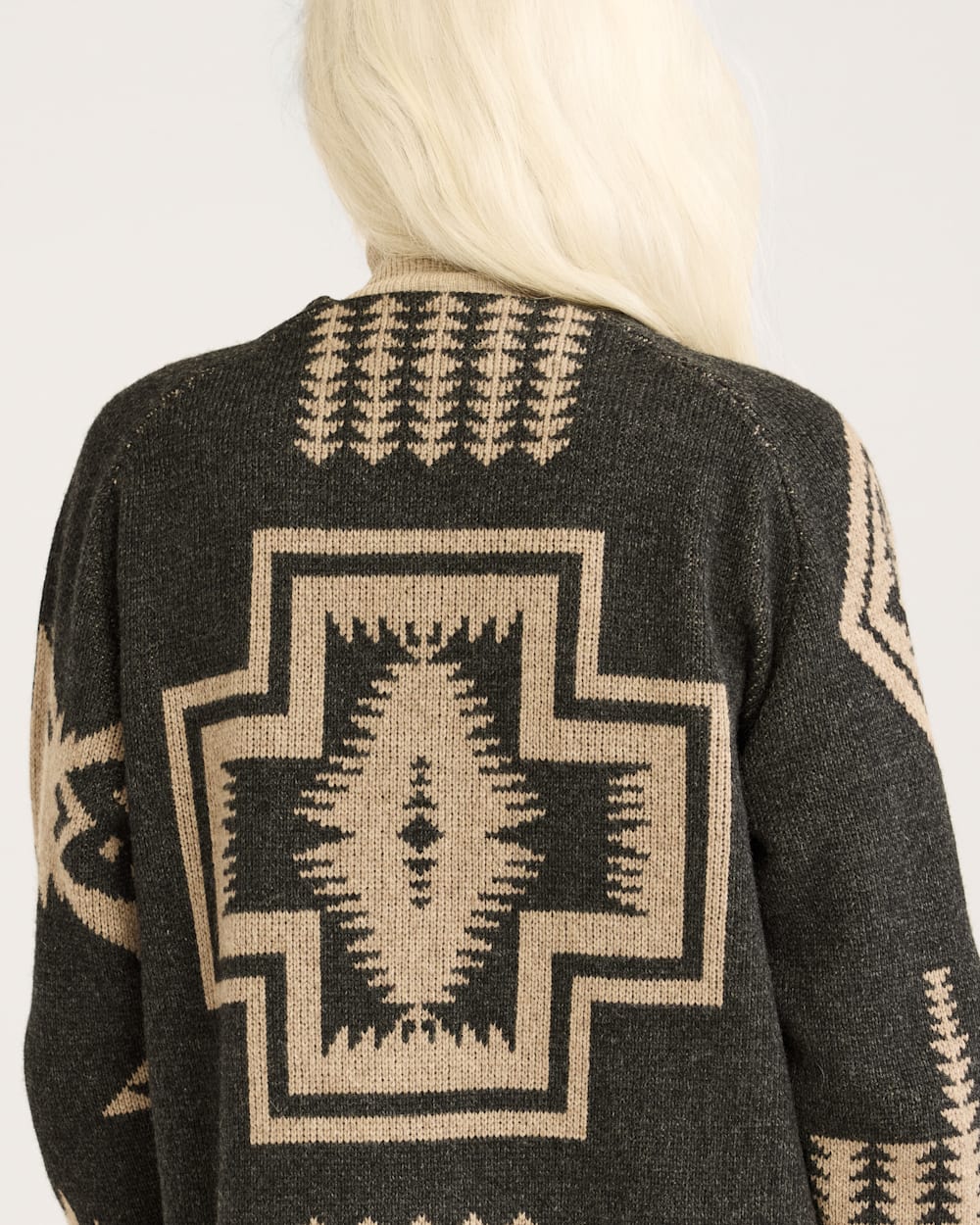 WOMEN'S LAMBSWOOL MIXED GRAPHIC CARDIGAN<br>BLACK/TAUPE