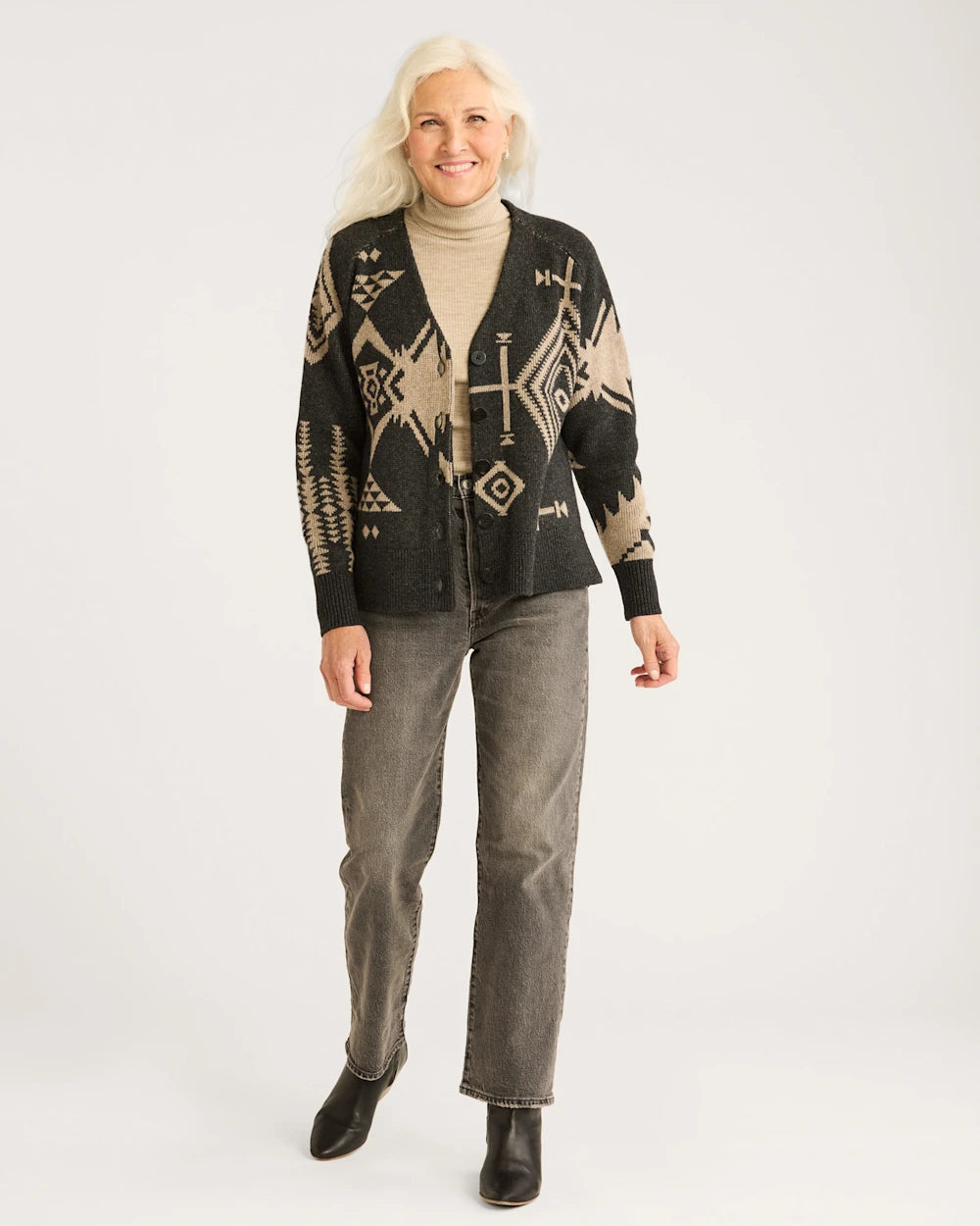 WOMEN'S LAMBSWOOL MIXED GRAPHIC CARDIGAN<br>BLACK/TAUPE