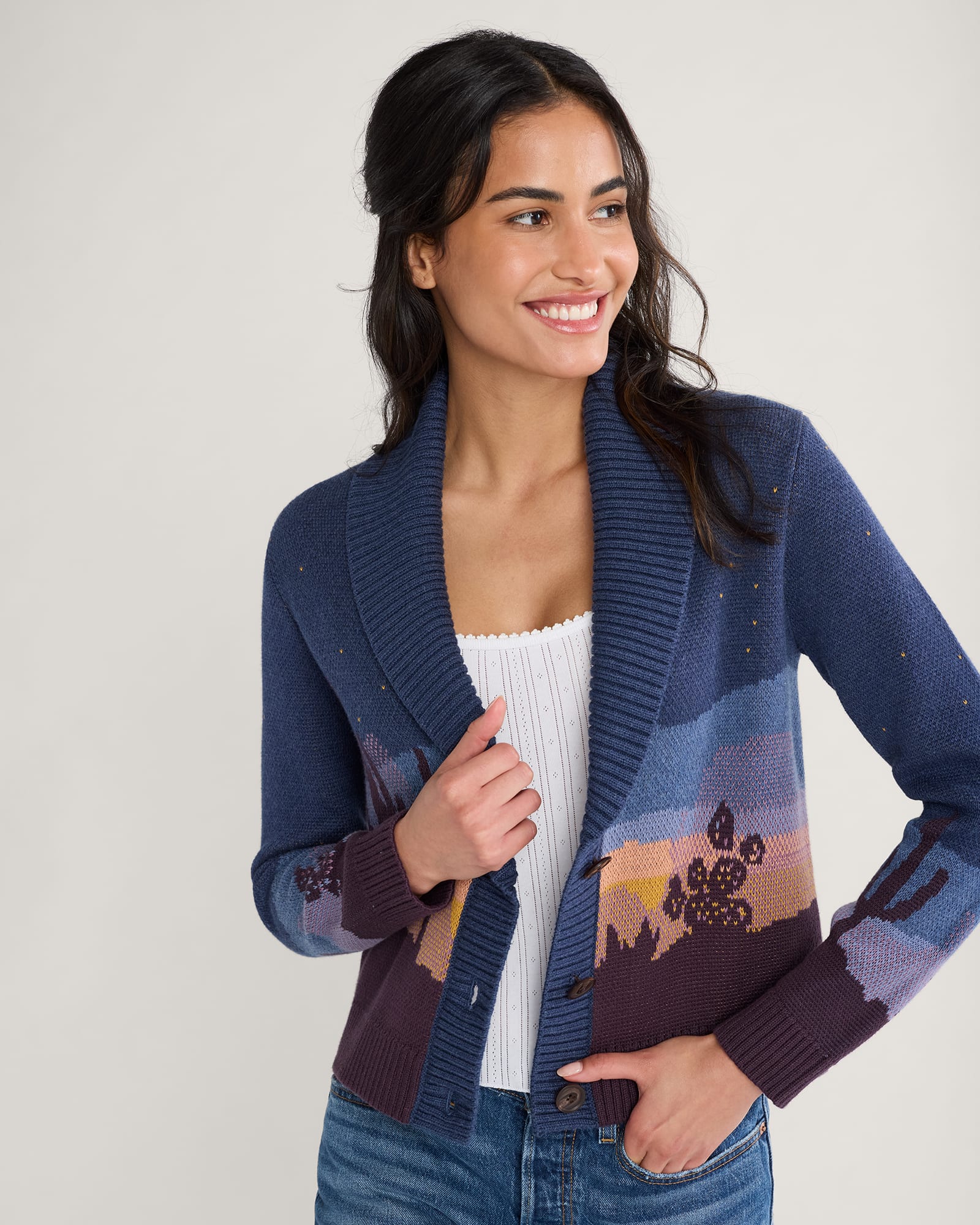 WOMEN'S WESTERN SCENIC COTTON CARDIGAN<br>NAVY STARRY NIGHT