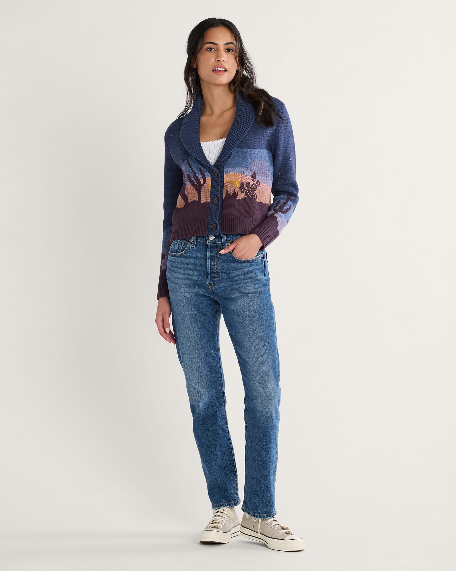 WOMEN'S WESTERN SCENIC COTTON CARDIGAN<br>NAVY STARRY NIGHT