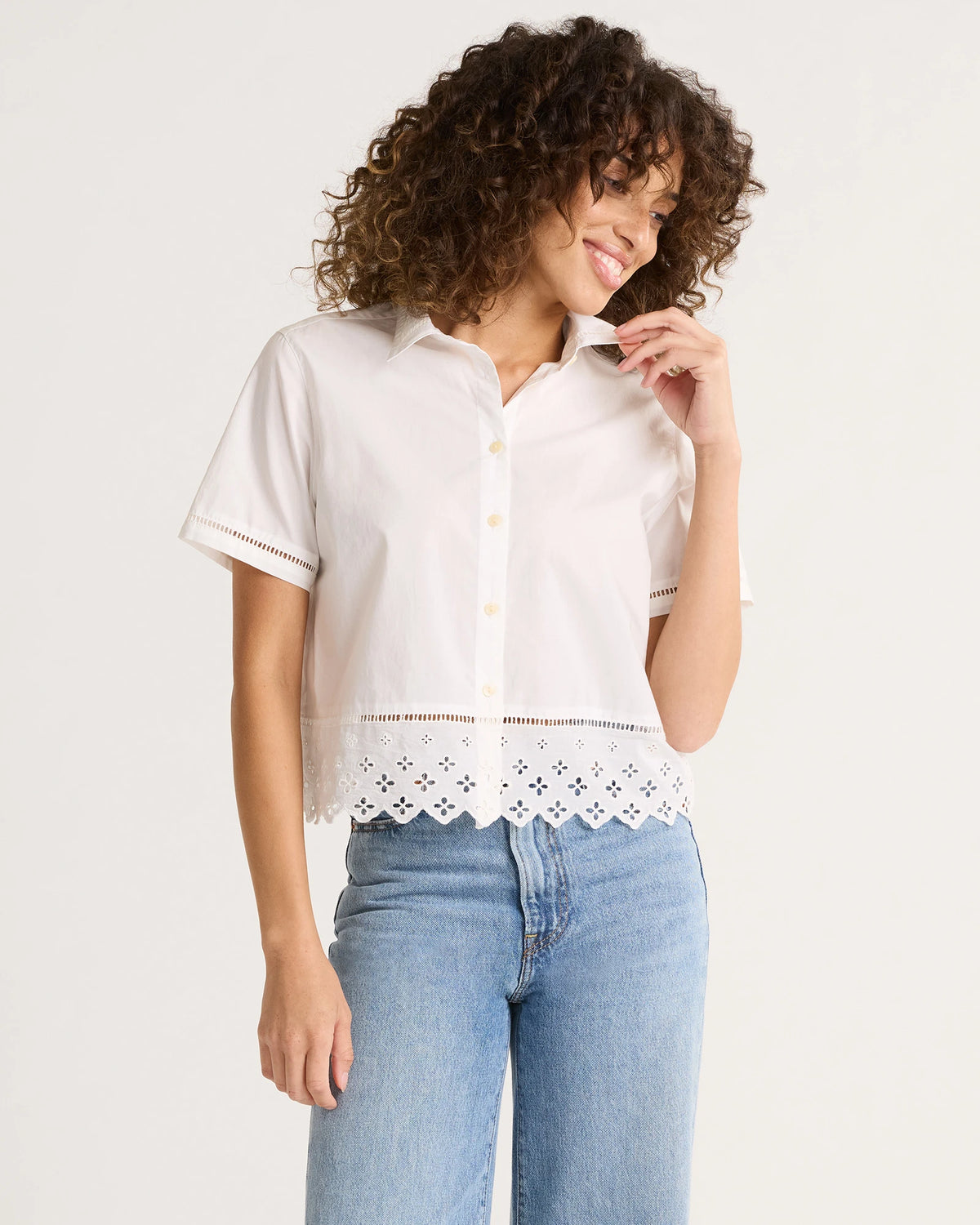 WOMEN'S POPLIN EYELET SHIRT<br>WHITE