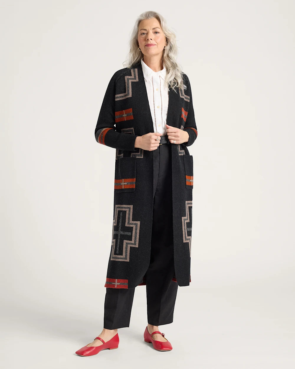 WOMEN'S SAN MIGUEL LAMBSWOOL DUSTER CARDIGAN<br>BLACK/RED