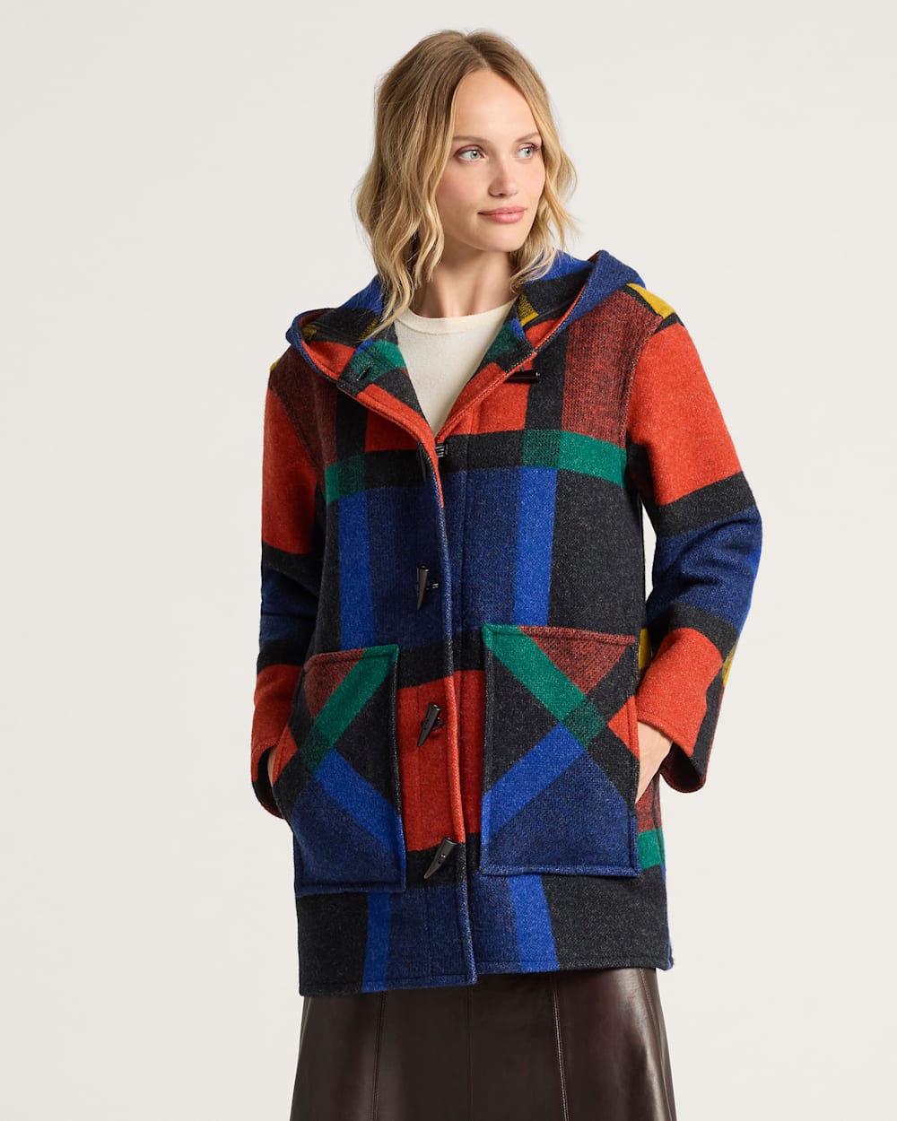 WOMEN'S BLOCK PLAID WOOL DUFFEL COAT<br>BOLD BLOCK PLAID