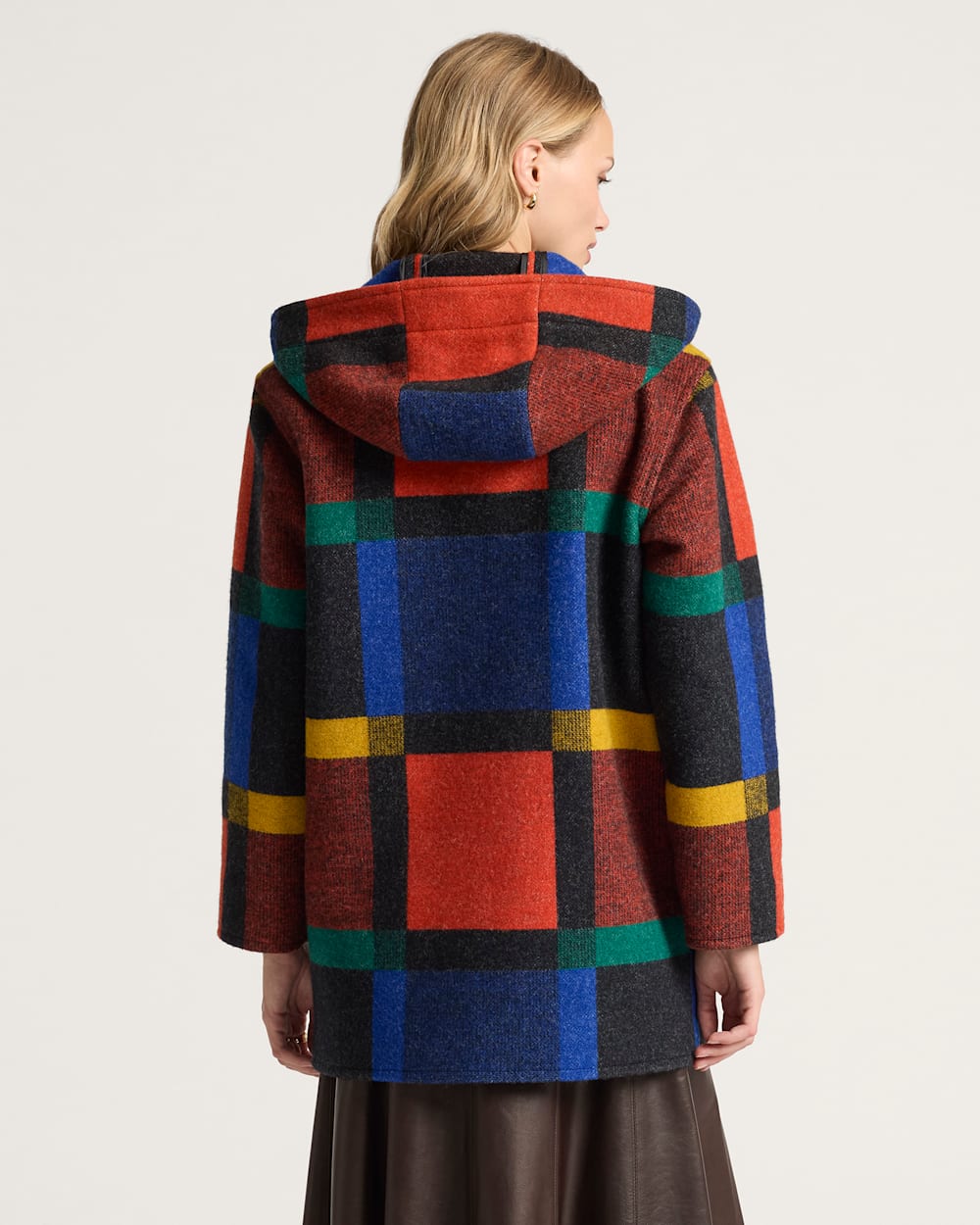 WOMEN'S BLOCK PLAID WOOL DUFFEL COAT<br>BOLD BLOCK PLAID
