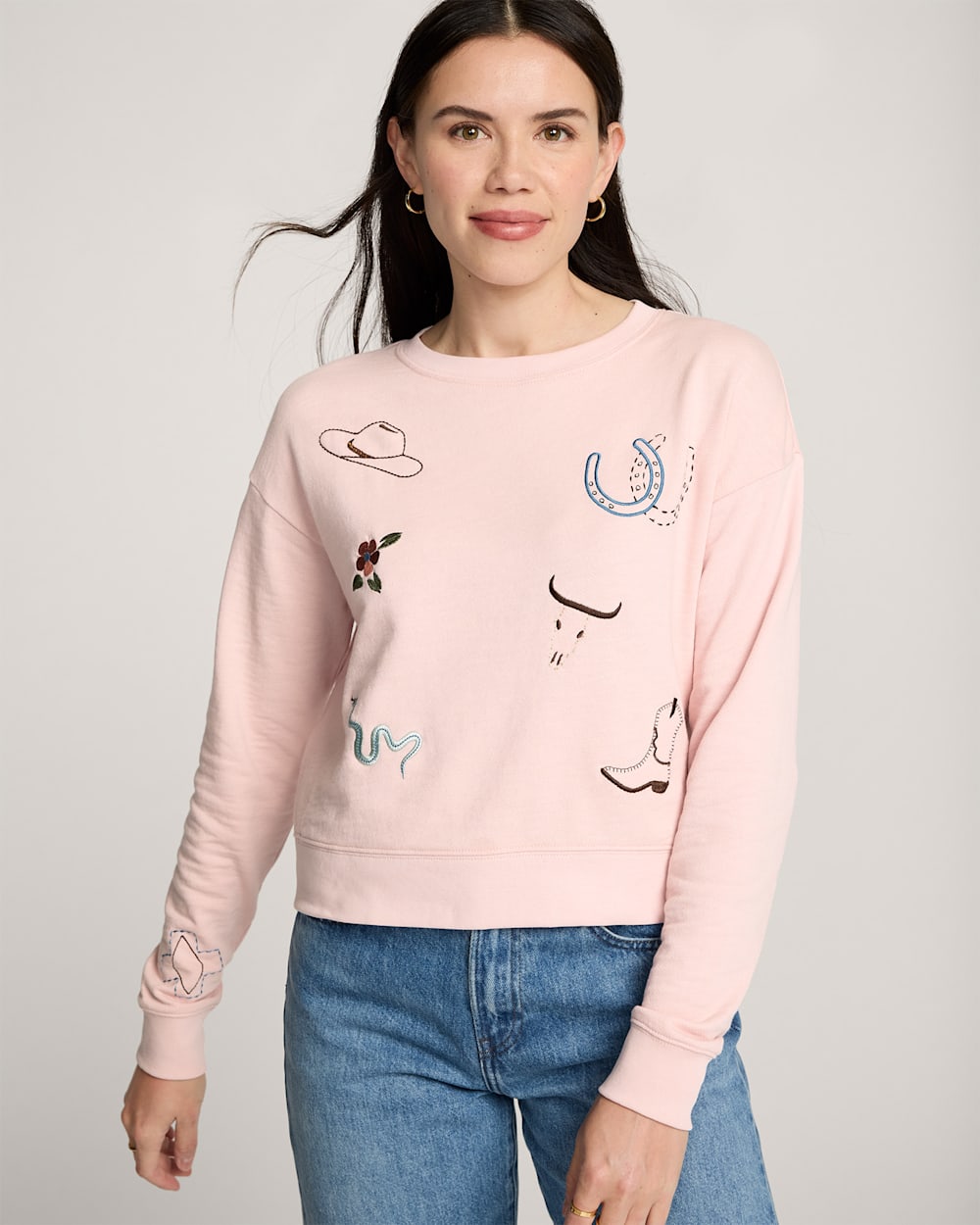 SAMPLE - WOMEN'S WESTERN GRAPHIC FRENCH TERRY PULLOVER<br>SOFT ROSE