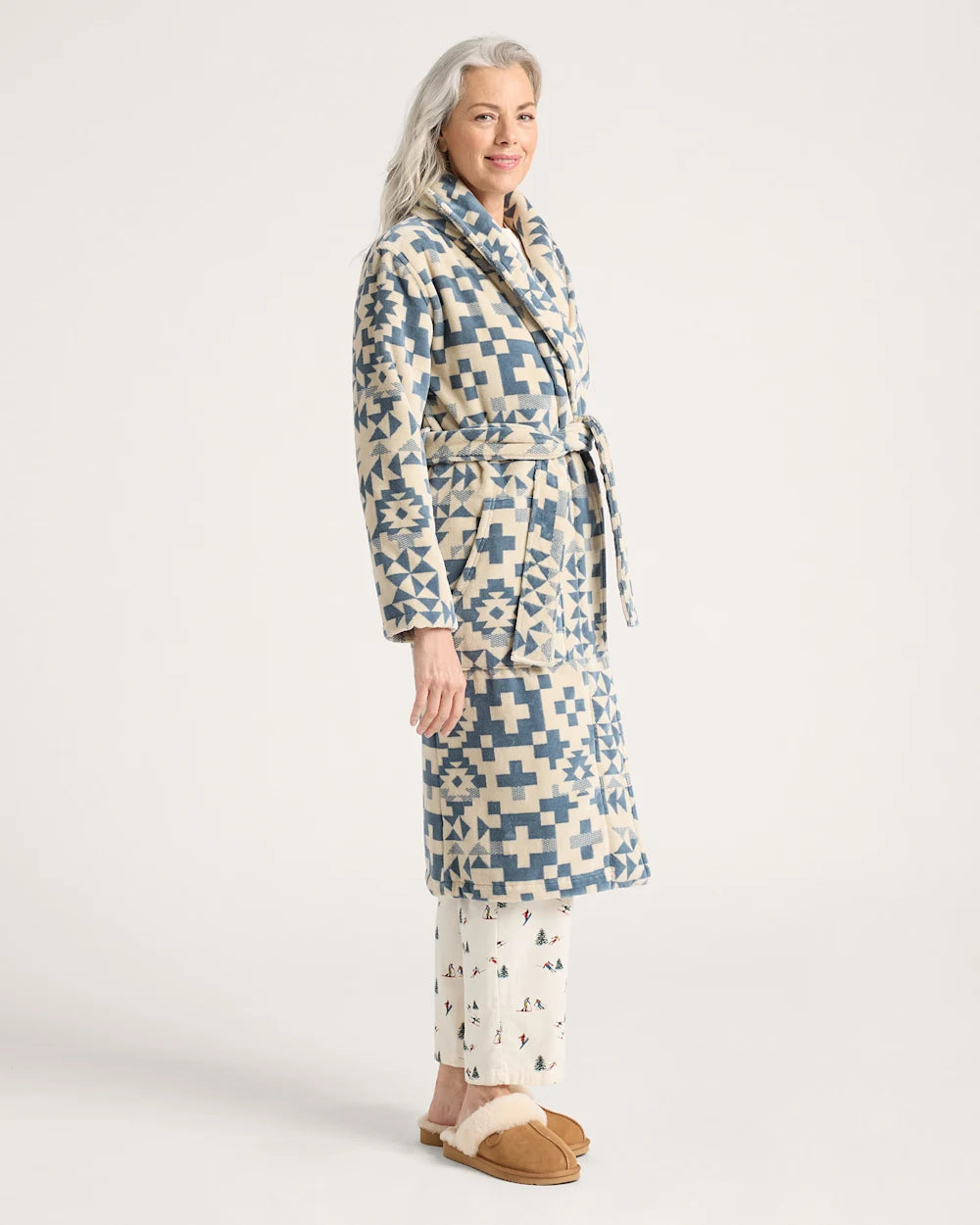 WOMEN'S BLUE RIDGE COTTON TERRY VELOUR BATHROBE<br>BLUE/WHITE