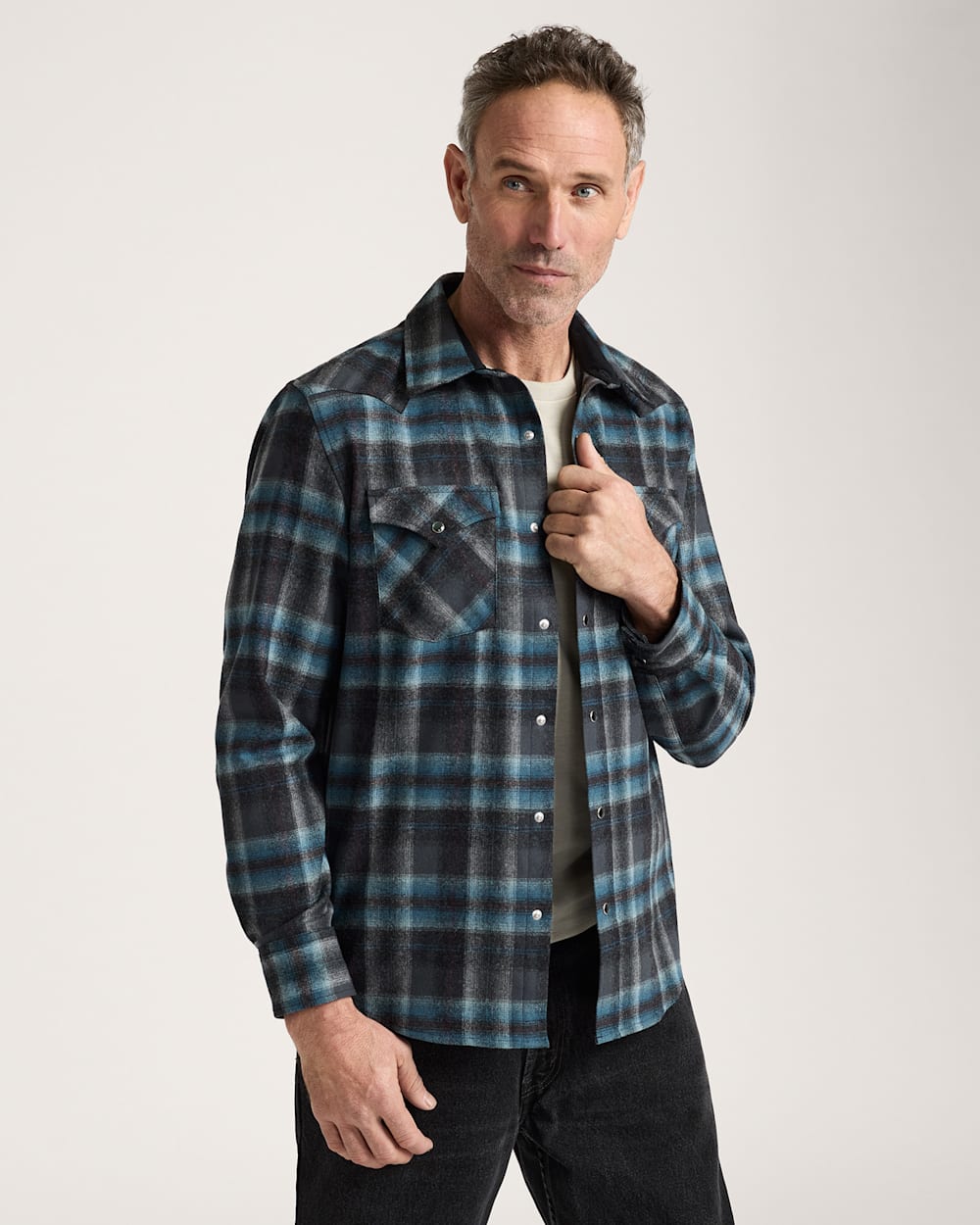 MEN'S PLAID SNAP-FRONT WESTERN CANYON SHIRT<br>GREY MIX/AQUA PLAID