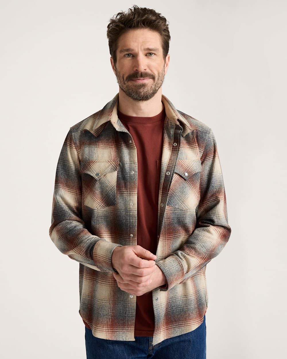 MEN'S PLAID SNAP-FRONT WESTERN CANYON SHIRT<br>RED/GREY MIX OMBRE