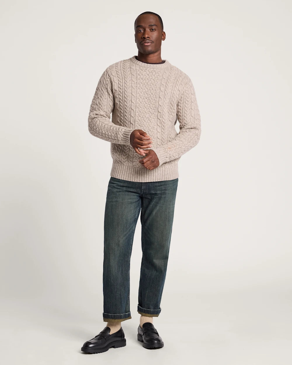 MEN'S SHETLAND COLLECTION FISHERMAN SWEATER<br>WHEAT MIX