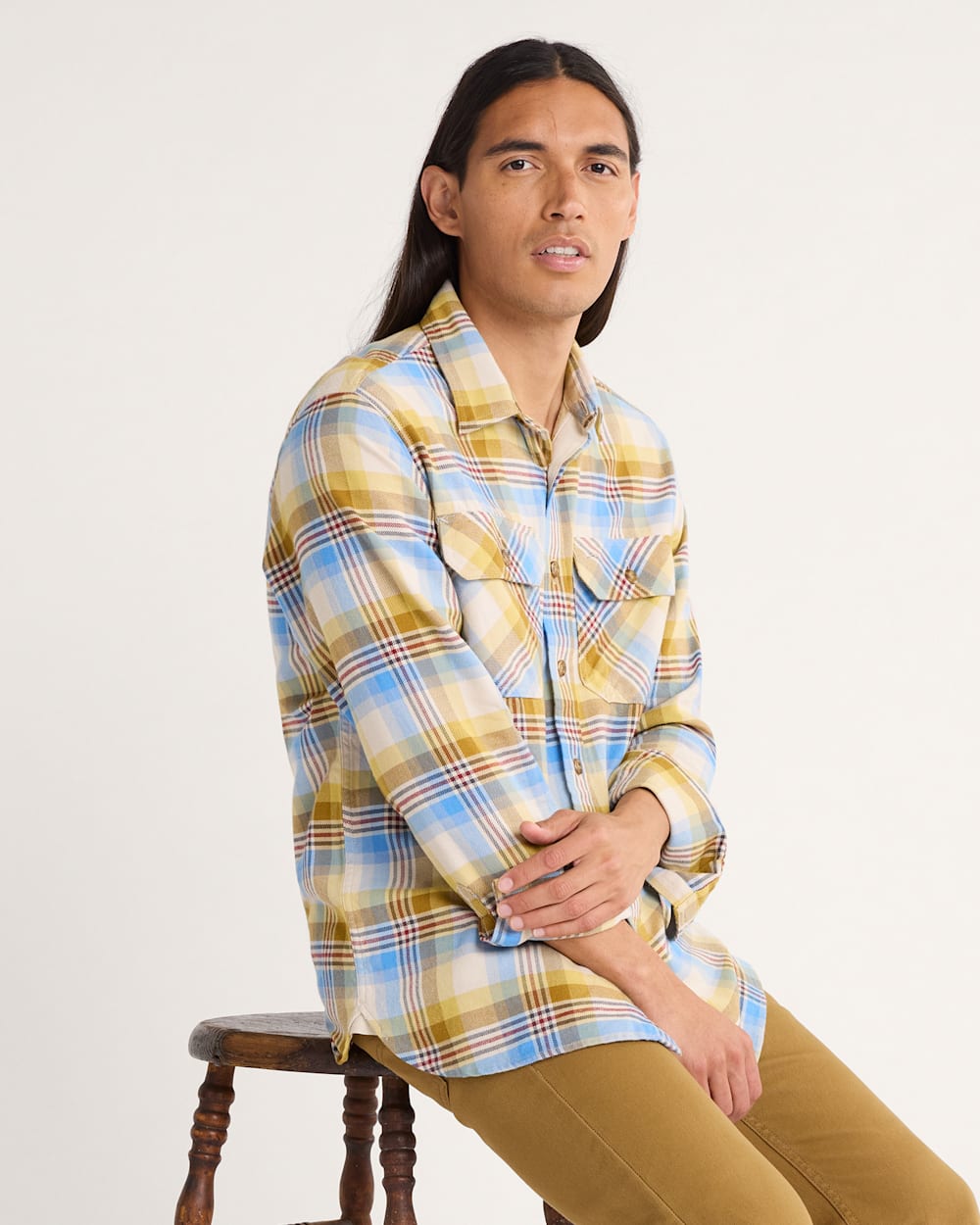 MEN'S PLAID BURNSIDE DOUBLEBRUSHED FLANNEL SHIRT<br>TAN/BLUE/GOLD PLAID