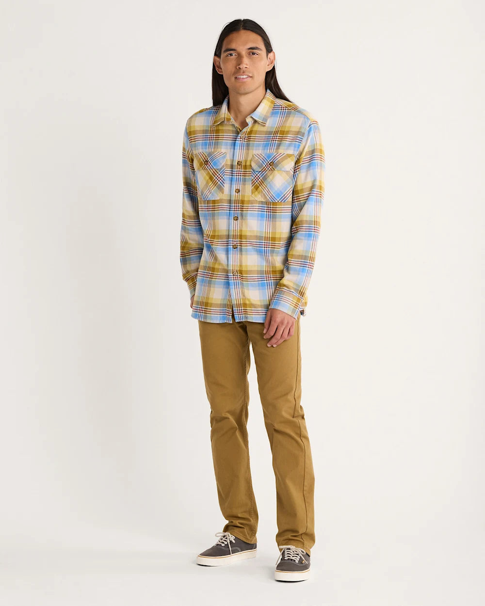 MEN'S PLAID BURNSIDE DOUBLEBRUSHED FLANNEL SHIRT<br>TAN/BLUE/GOLD PLAID