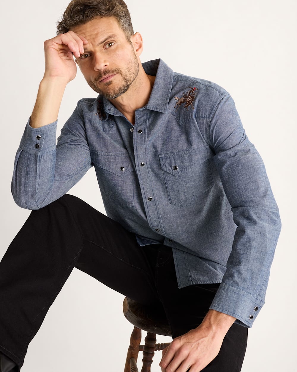 MEN'S RODEO EMBROIDERED CHAMBRAY GAMBLER SHIRT<br>DARK BLUE/RODEO