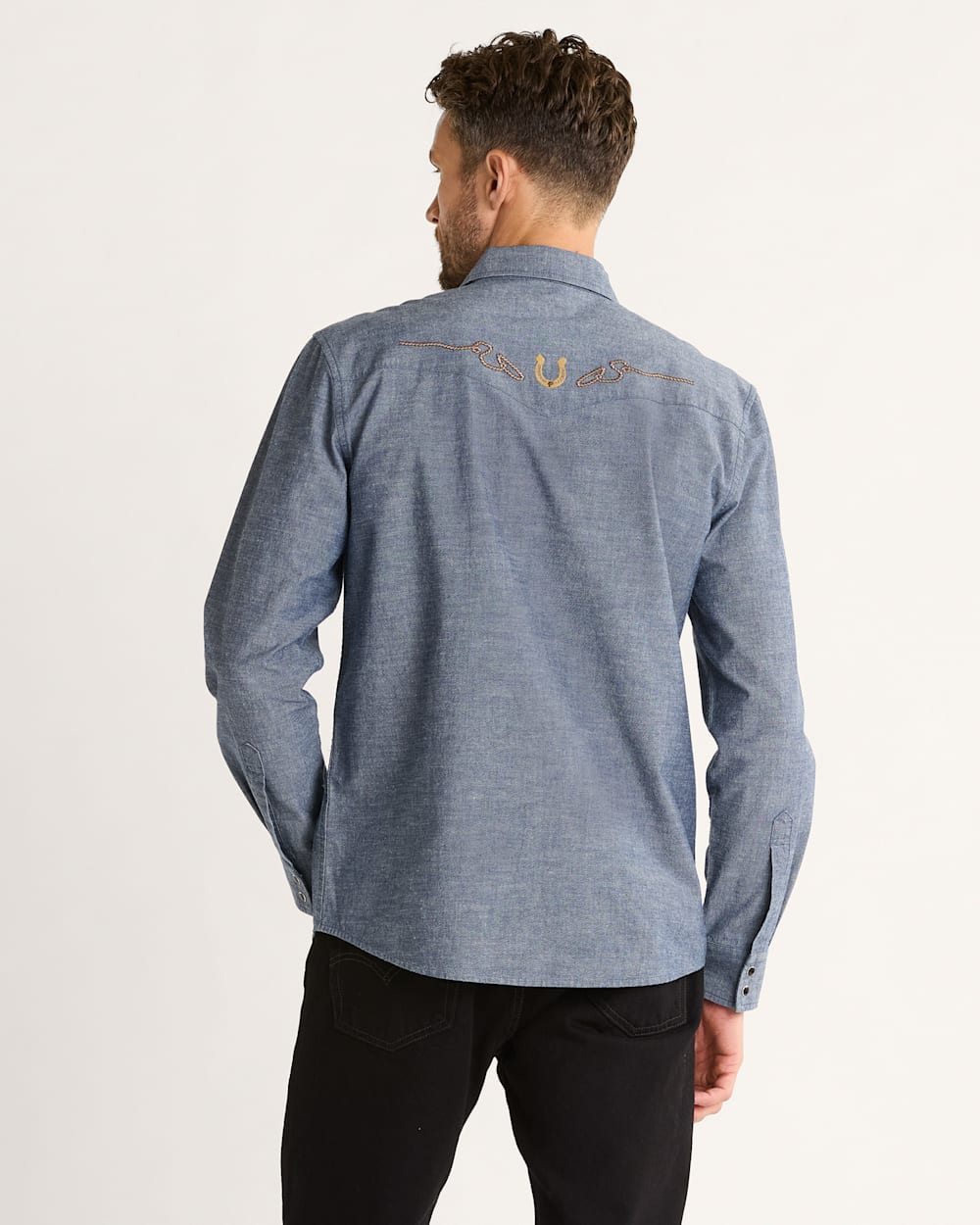 MEN'S RODEO EMBROIDERED CHAMBRAY GAMBLER SHIRT<br>DARK BLUE/RODEO