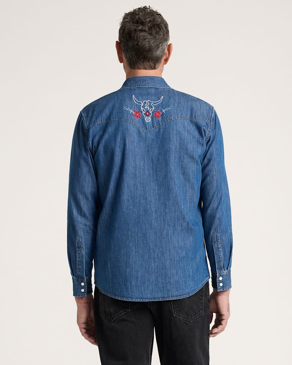 MEN'S BISON EMBROIDERED DENIM GAMBLER SHIRT<br>BLUE/BISON