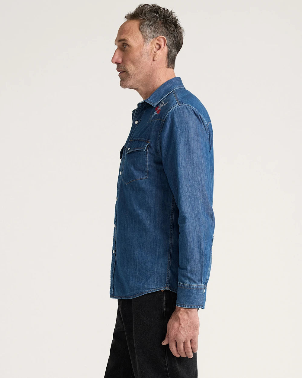 MEN'S BISON EMBROIDERED DENIM GAMBLER SHIRT<br>BLUE/BISON