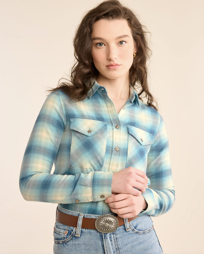 WOMEN'S PLAID MADISON DOUBLEBRUSHED FLANNEL SHIRT<br>AQUA OMBRE