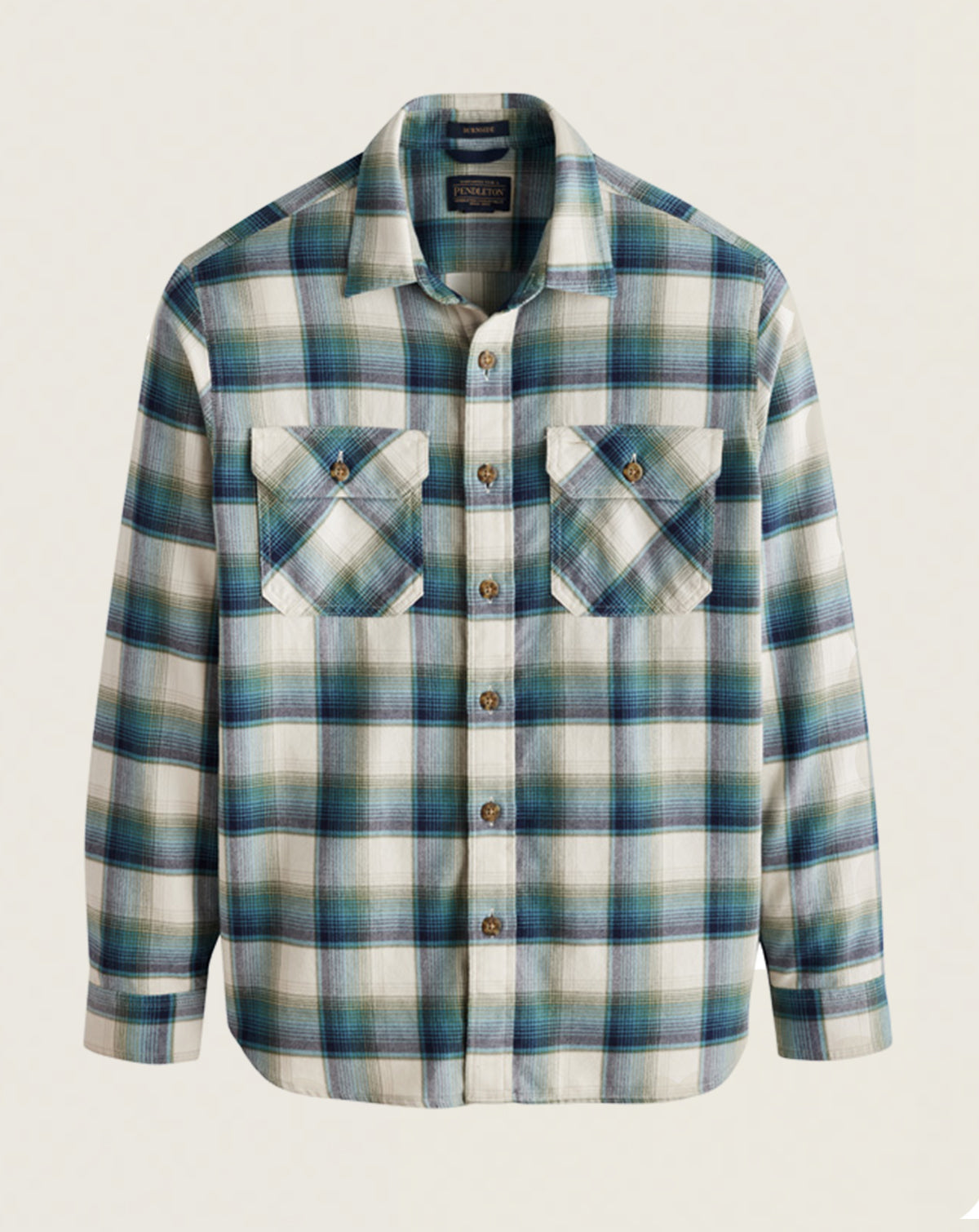 MEN'S BURNSIDE DOUBLEBRUSHED FLANNEL SHIRT<br>CREAM/GREEN/BLUE PLAID