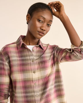 WOMEN'S PLAID BOYFRIEND DOUBLEBRUSHED FLANNEL SHIRT<br>ROSE/BROWN