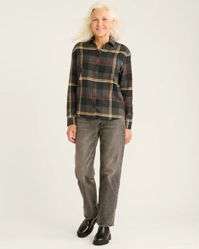 WOMEN'S PLAID BOYFRIEND DOUBLEBRUSHED FLANNEL SHIRT<br>BLACK MULTI