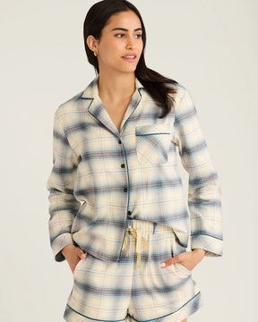 WOMEN'S PLAID FLANNEL PAJAMA SHORT SET<br>LIGHT BLUE OMBRE