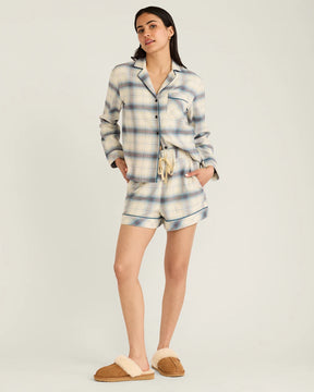 WOMEN'S PLAID FLANNEL PAJAMA SHORT SET<br>LIGHT BLUE OMBRE