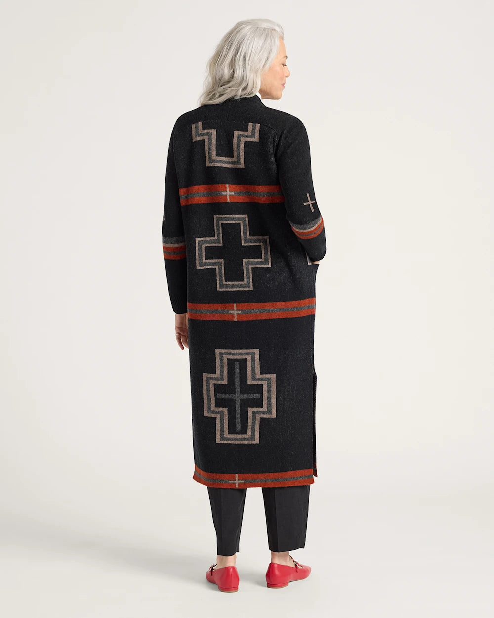 WOMEN'S SAN MIGUEL LAMBSWOOL DUSTER CARDIGAN<br>BLACK/RED