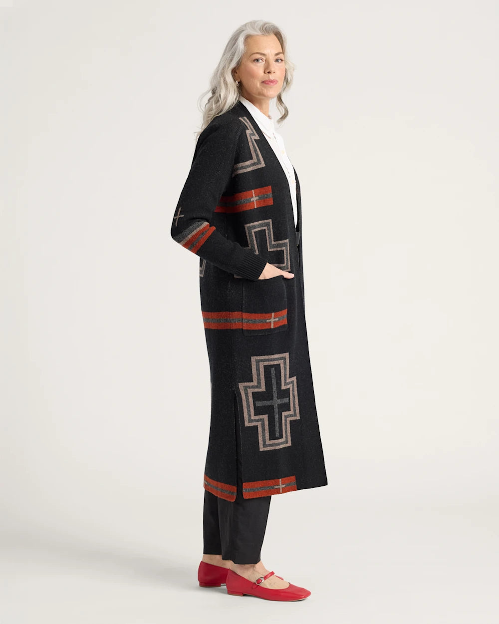 WOMEN'S SAN MIGUEL LAMBSWOOL DUSTER CARDIGAN<br>BLACK/RED