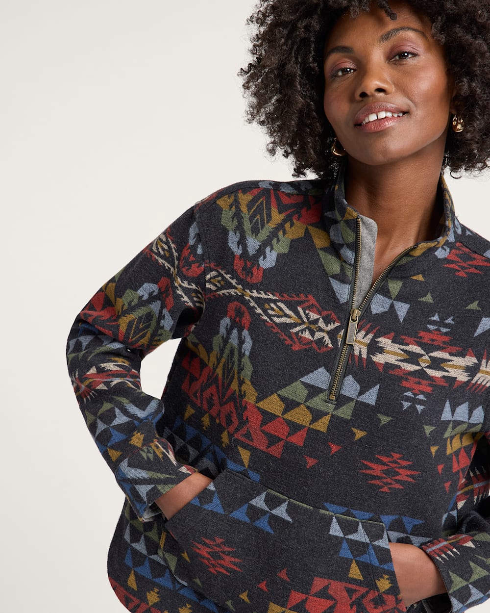 WOMEN'S AUTUMN BIRCH COTTON CHAMOIS HALF-ZIP PULLOVER<br>BLACK MULTI