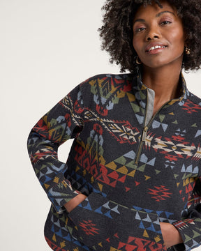 WOMEN'S AUTUMN BIRCH COTTON CHAMOIS HALF-ZIP PULLOVER<br>BLACK MULTI