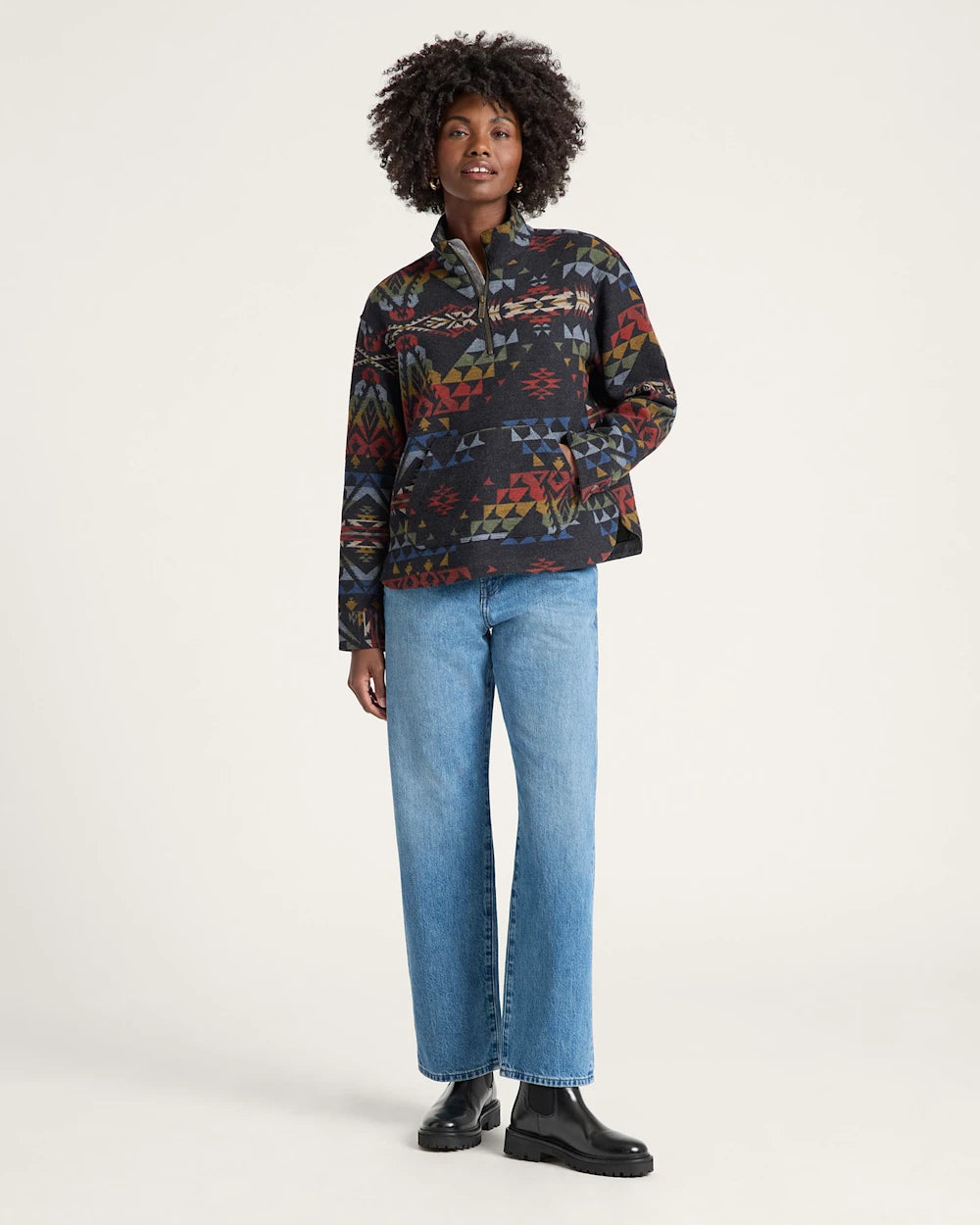 WOMEN'S AUTUMN BIRCH COTTON CHAMOIS HALF-ZIP PULLOVER<br>BLACK MULTI