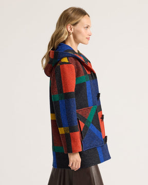 WOMEN'S BLOCK PLAID WOOL DUFFEL COAT<br>BOLD BLOCK PLAID