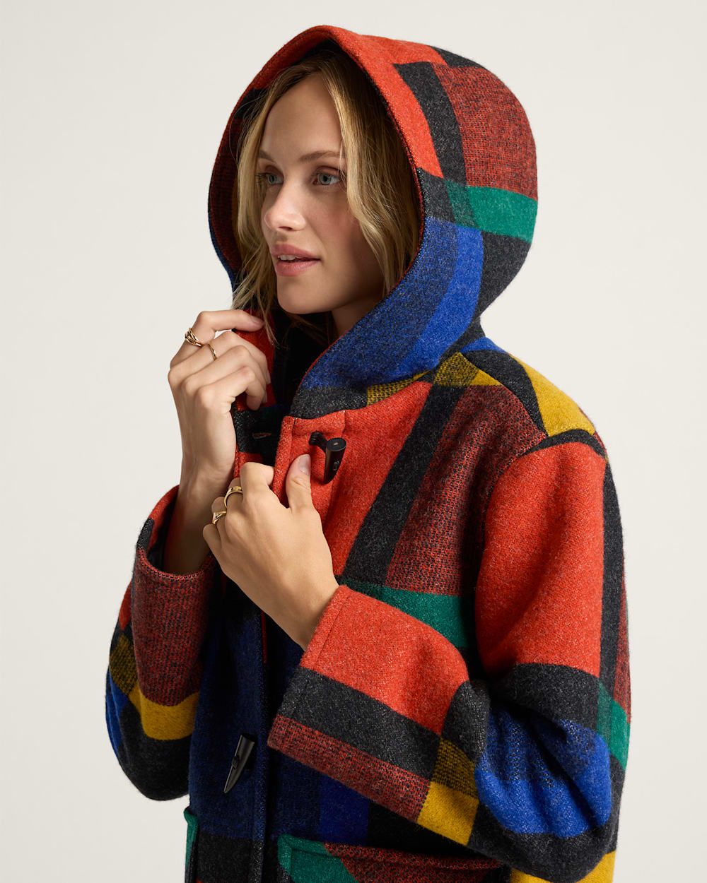 WOMEN'S BLOCK PLAID WOOL DUFFEL COAT<br>BOLD BLOCK PLAID