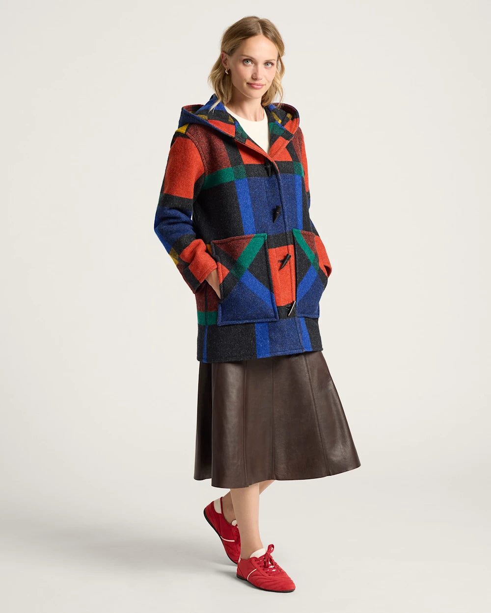WOMEN'S BLOCK PLAID WOOL DUFFEL COAT<br>BOLD BLOCK PLAID