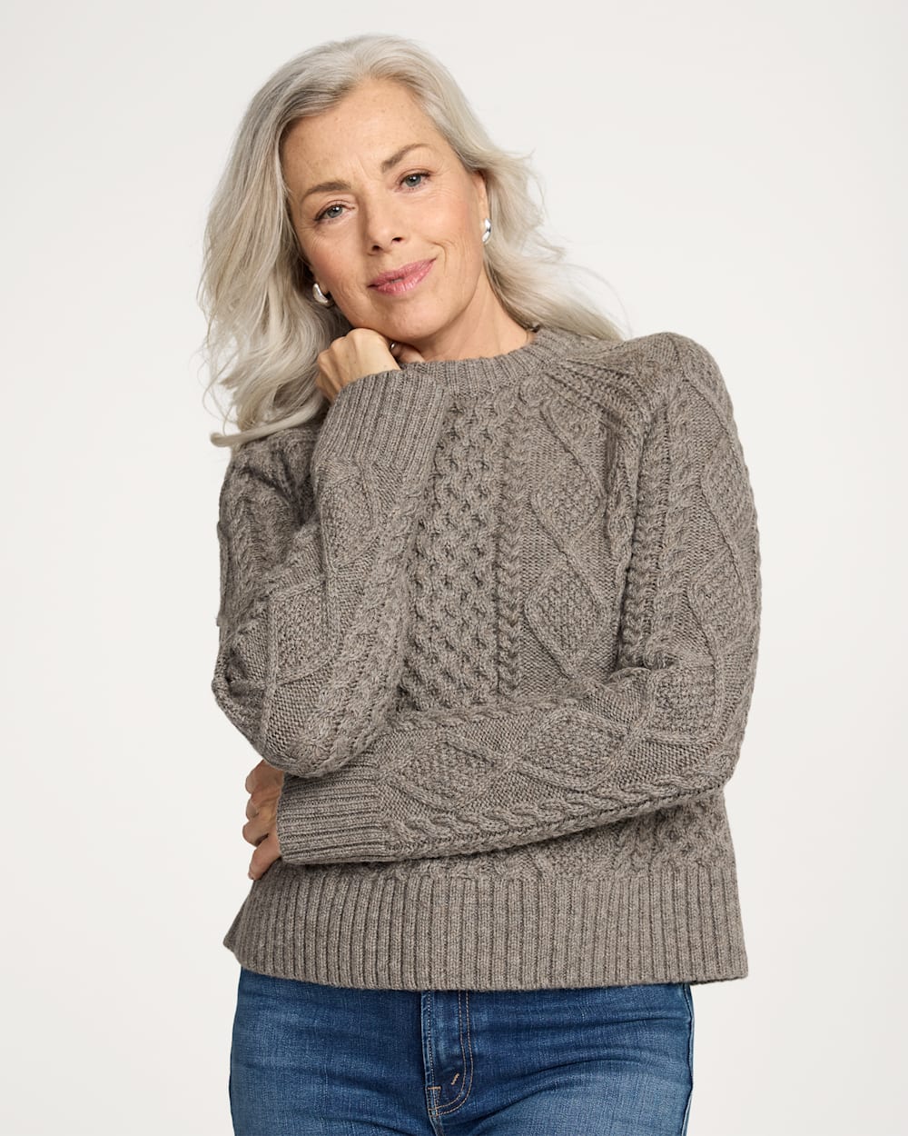 WOMEN'S FISHERMAN WOOL SWEATER<br>STONE HEATHER