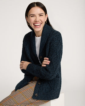 WOMEN'S FISHERMAN WOOL CARDIGAN<br>INDIGO HEATHER