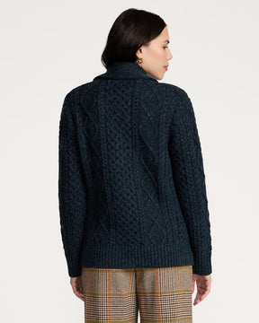 WOMEN'S FISHERMAN WOOL CARDIGAN<br>INDIGO HEATHER