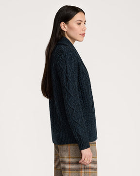 WOMEN'S FISHERMAN WOOL CARDIGAN<br>INDIGO HEATHER