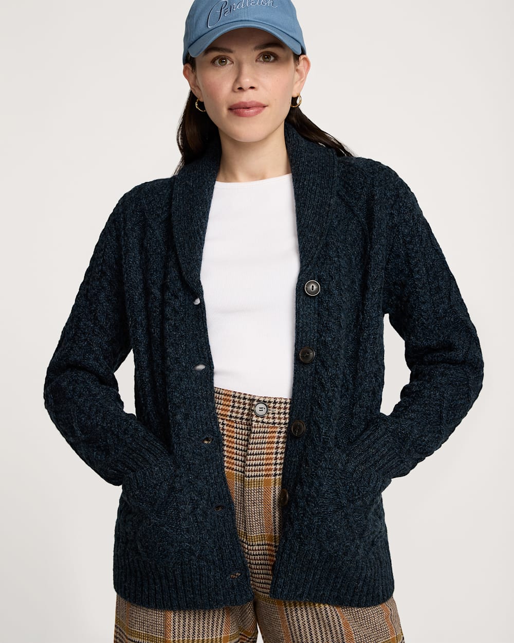 WOMEN'S FISHERMAN WOOL CARDIGAN<br>INDIGO HEATHER