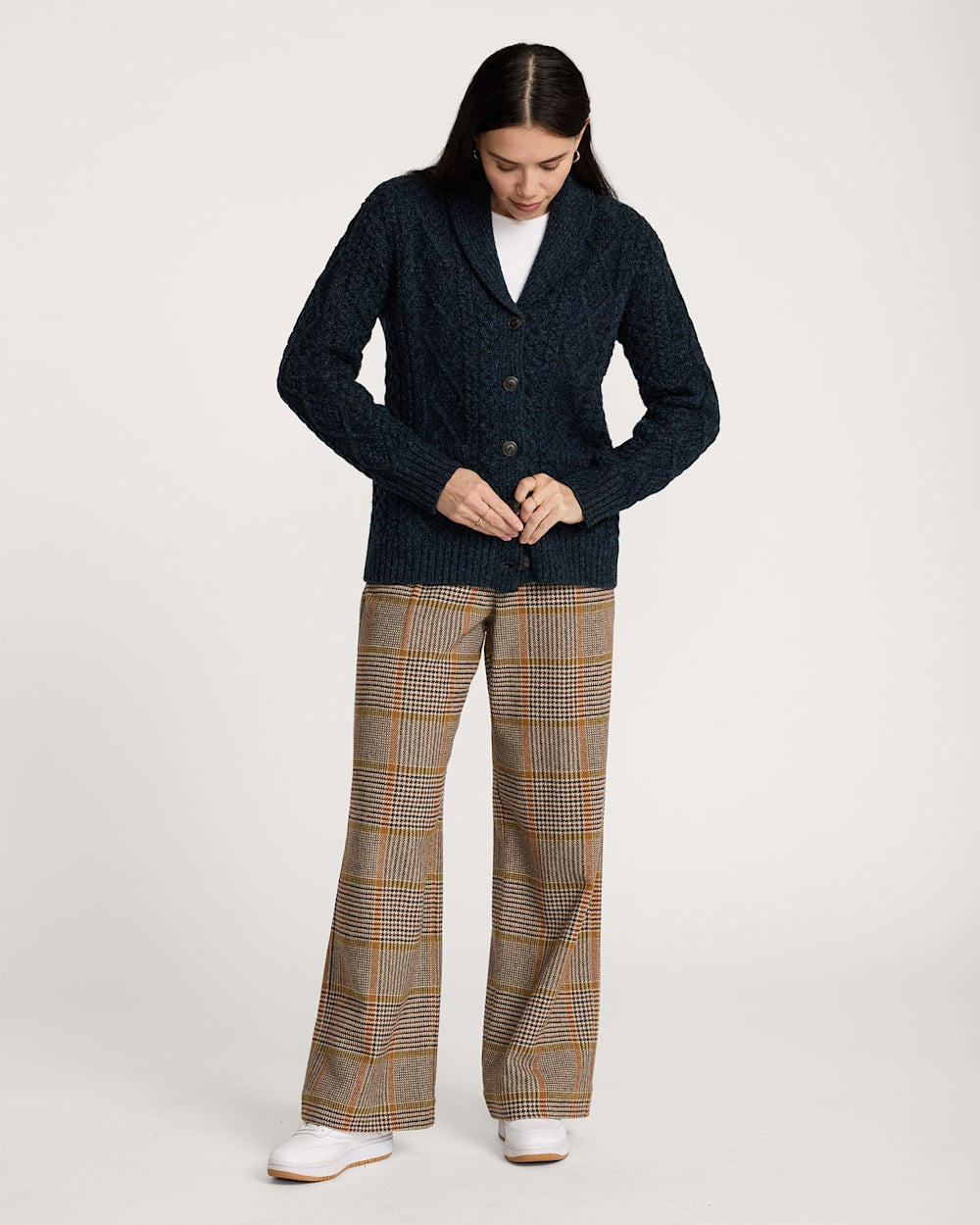 WOMEN'S FISHERMAN WOOL CARDIGAN<br>INDIGO HEATHER