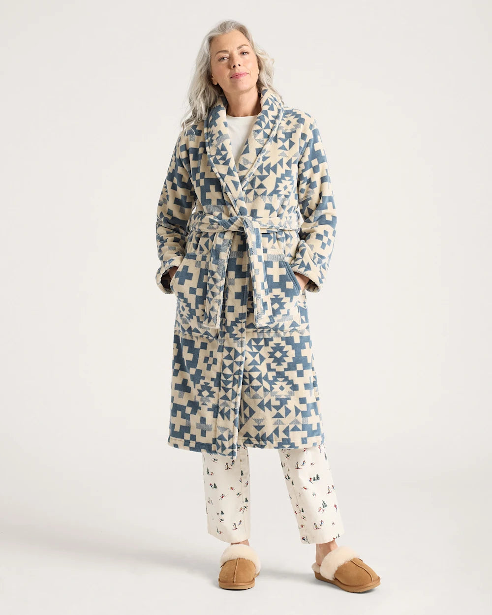 WOMEN'S BLUE RIDGE COTTON TERRY VELOUR BATHROBE<br>BLUE/WHITE