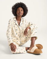 WOMEN'S SKI PRINT FLANNEL PAJAMA SET<br>ECRU
