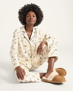 WOMEN'S SKI PRINT FLANNEL PAJAMA SET<br>ECRU