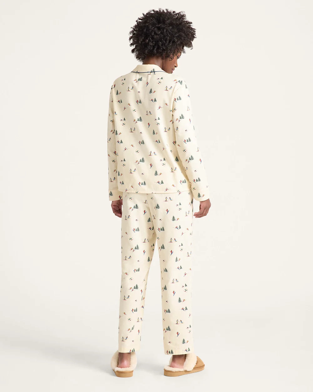 WOMEN'S SKI PRINT FLANNEL PAJAMA SET<br>ECRU