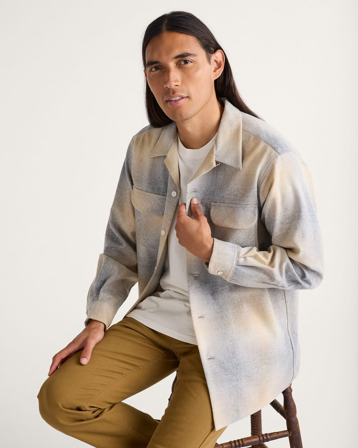 MEN'S PLAID BOARD SHIRT<br>TAN/GREY MIX OMBRE
